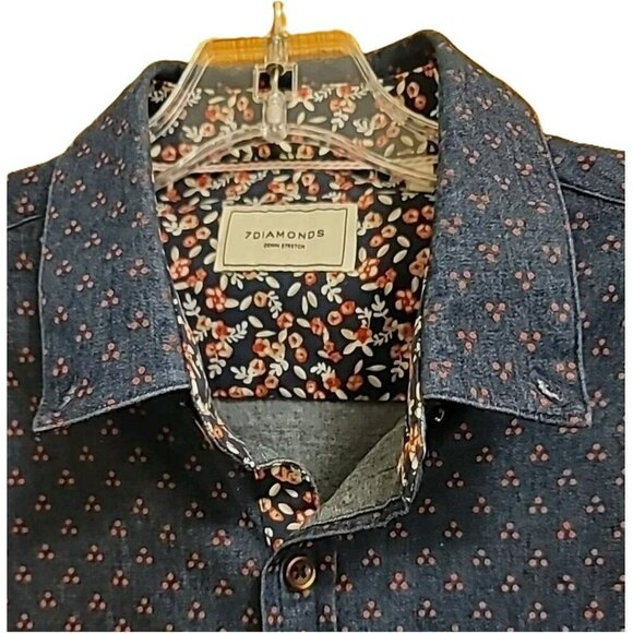 7 Diamonds Shirt Mens L Blue Denim Cotton Stretch Button Up Short Sleeve - Picture 4 of 6
